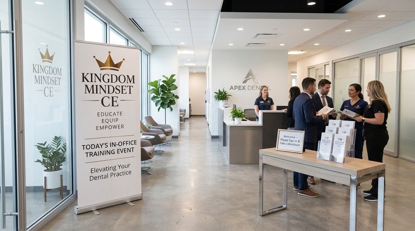 Kingdom Mindset CE in-office training event in a dental practice: a KMCE banner reading Educate, Equip, Empower and a sign-in table with KMCE brochures as the team gathers
